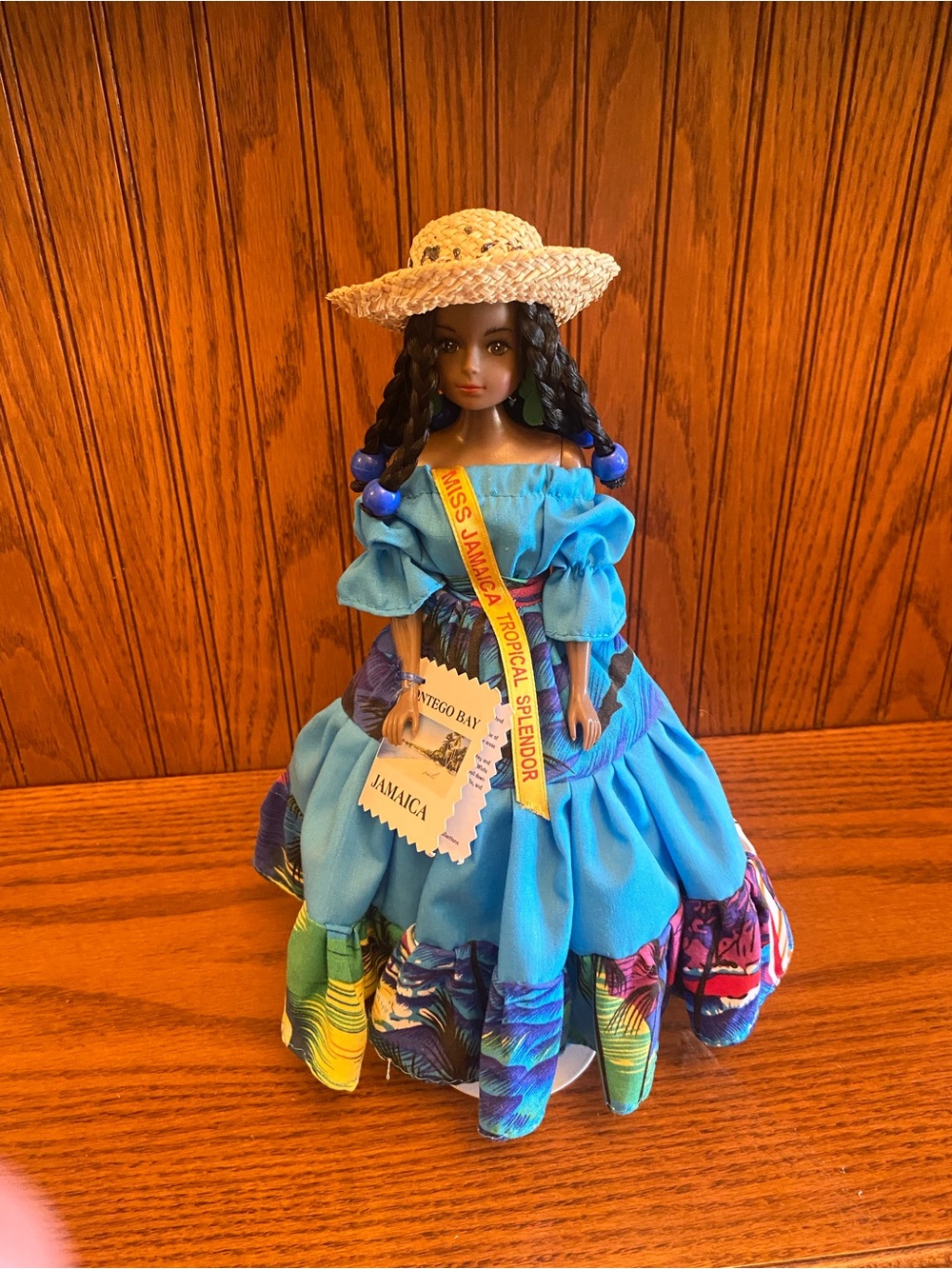 Blue Jamaican Doll in Tropical Dress with Straw Hat